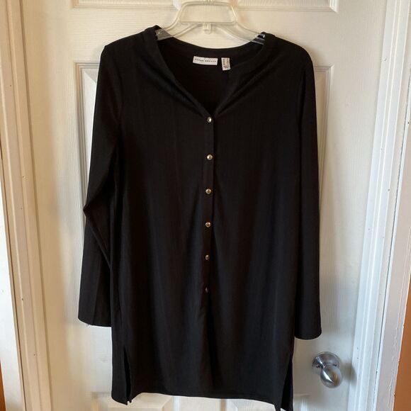 Susan Graver Blouse Women’s Size Medium Black Button Up V Neck - Picture 1 of 8